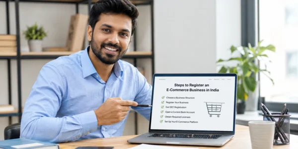 E-commerce business registration process in India with GST company setup and online store compliance.