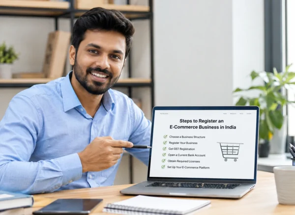 E-commerce business registration process in India with GST company setup and online store compliance.