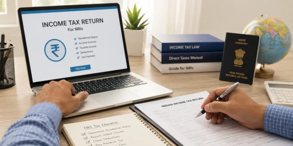 NRI reviewing income tax return documents with expert guidance for filing taxes in India.