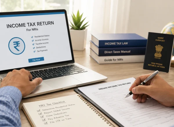 NRI reviewing income tax return documents with expert guidance for filing taxes in India.