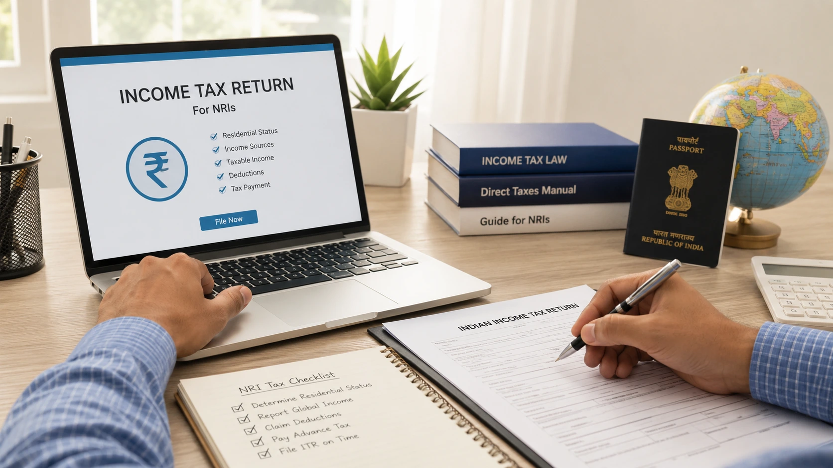 NRI reviewing income tax return documents with expert guidance for filing taxes in India.