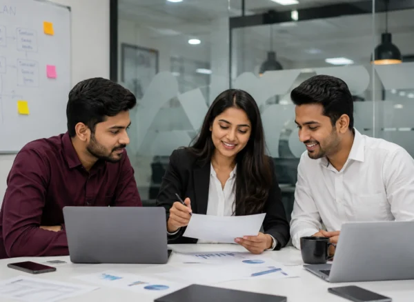 Benefits of Private Limited Company Registration for Startups in Pune Azalea Indian startup founders discussing private limited company registration with business advisor in Pune.