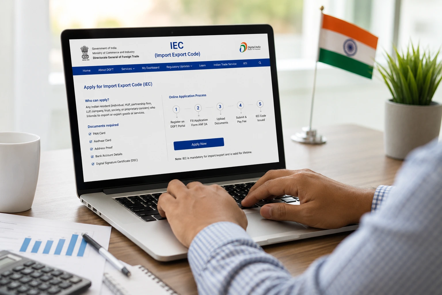 Entrepreneur applying online for Import Export Code IEC registration India