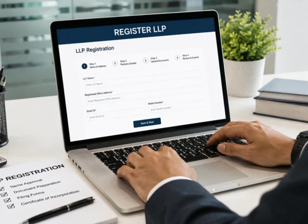 How to Register an LLP in Pune Step-by-Step Process LLP registration process in Pune showing partners completing business incorporation documents and legal formalities