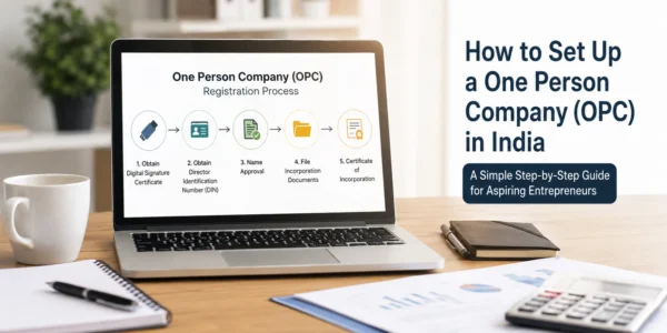 One Person Company registration process in India showing entrepreneur completing legal business incorporation documents.