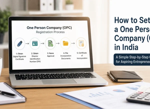 How to Set Up a One Person Company (OPC) in India Azalea Advisors LLP One Person Company registration process in India showing entrepreneur completing legal business incorporation documents.