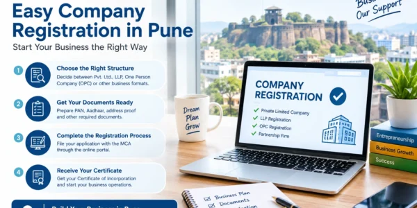 Company registration in Pune showing entrepreneurs preparing business documents for legal incorporation and registration.