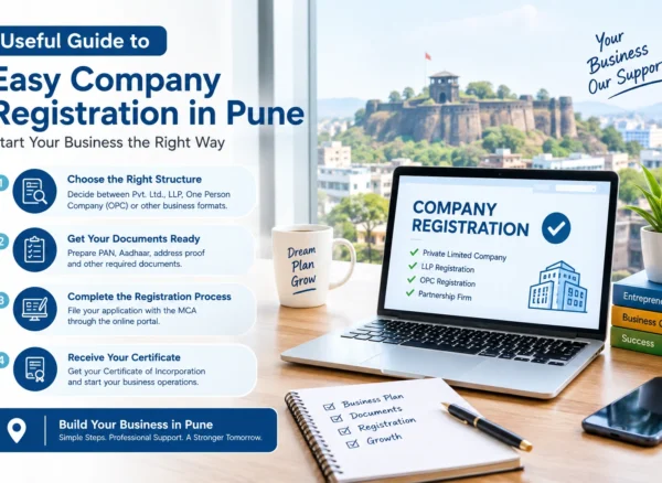 Company registration in Pune showing entrepreneurs preparing business documents for legal incorporation and registration.