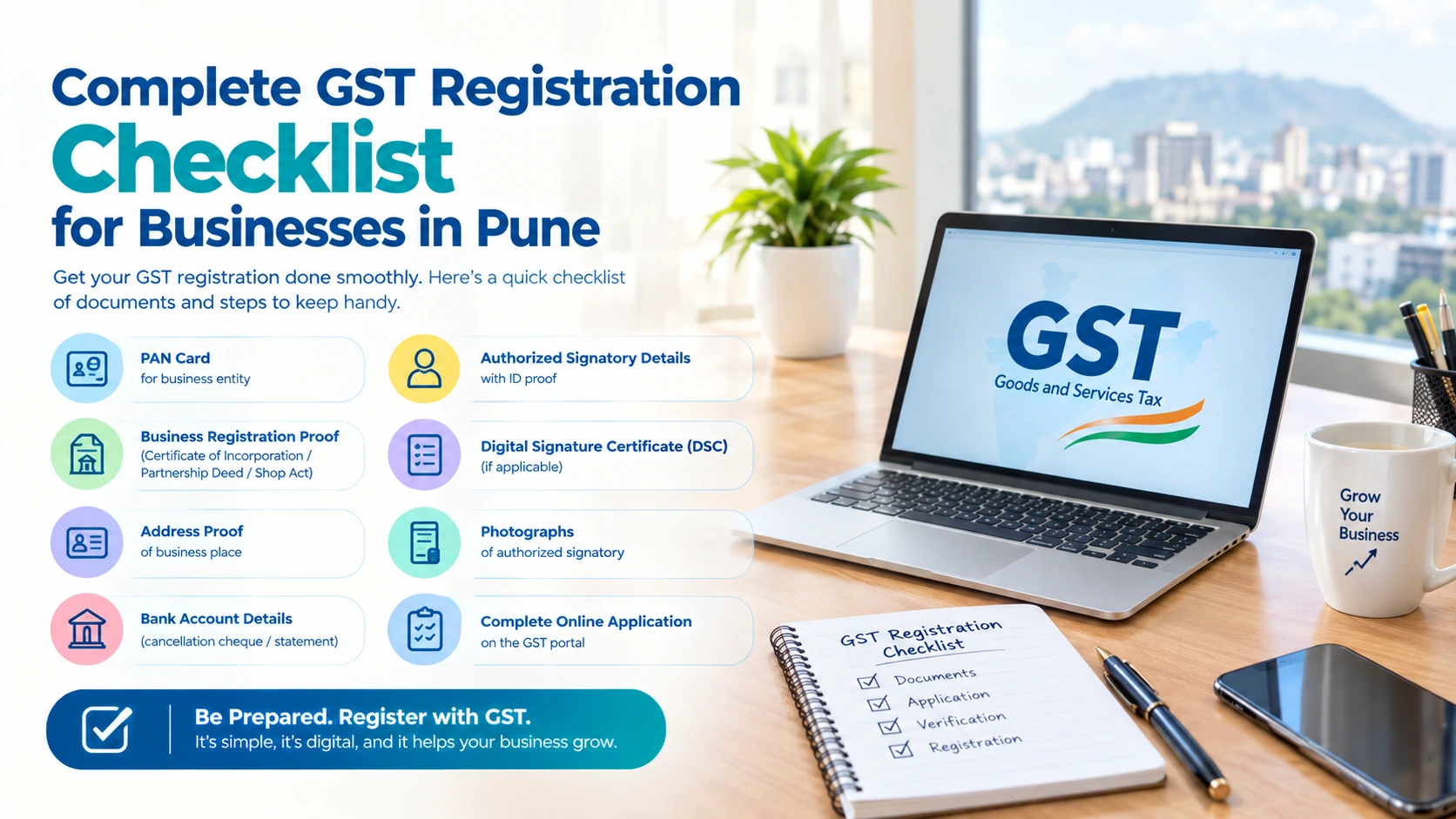 Business owner reviewing GST registration checklist documents in Pune