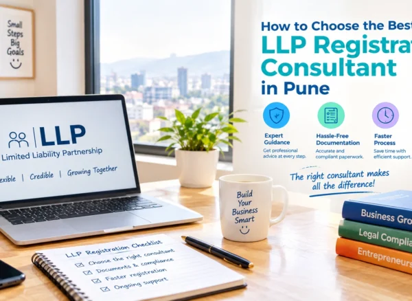 Entrepreneur meeting an LLP registration consultant to review documents in Pune office.