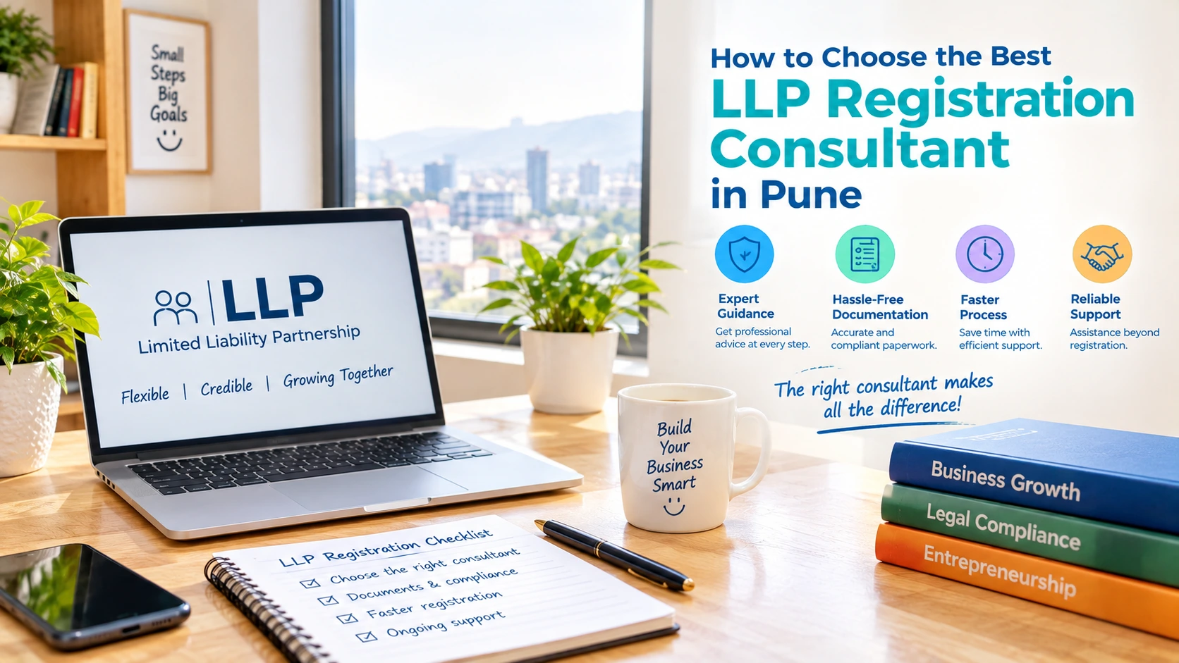 Entrepreneur meeting an LLP registration consultant to review documents in Pune office.