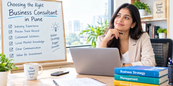 Business consultant in Pune advising company founders at office desk.