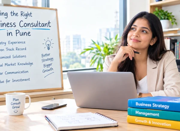 Business consultant in Pune advising company founders at office desk.