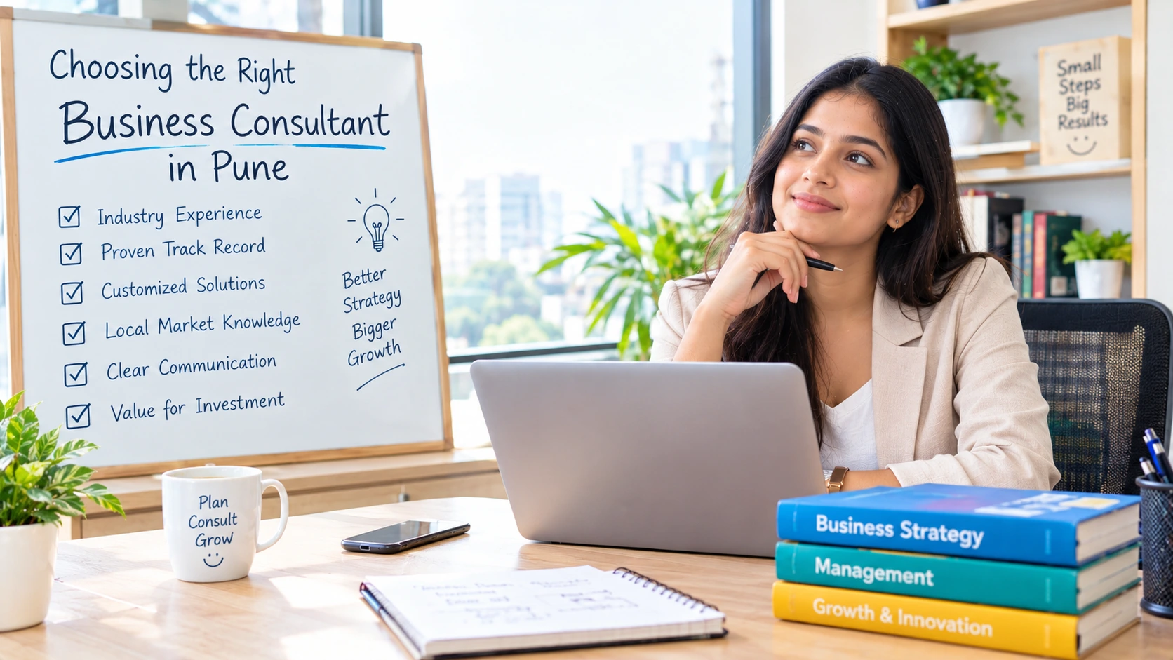 Business consultant in Pune advising company founders at office desk.