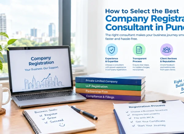 Business owner discussing company registration documents with a consultant in a Pune office.
